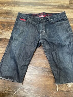 Vans Dark Indigo Denim Shorts with Red Logo Accents